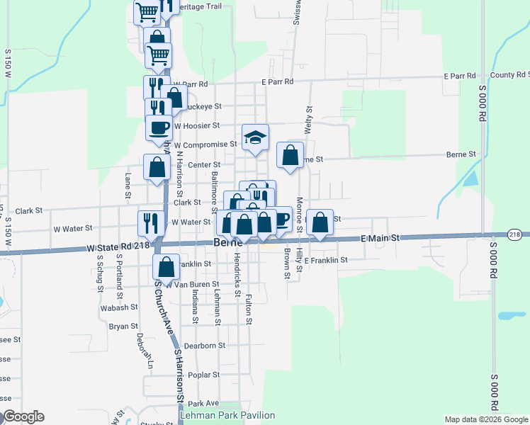 map of restaurants, bars, coffee shops, grocery stores, and more near 200-298 Behring St in Berne