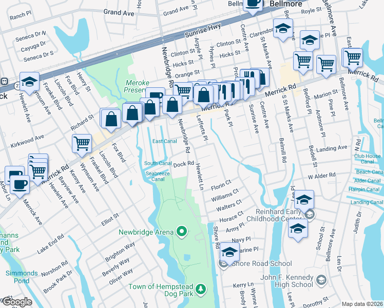 map of restaurants, bars, coffee shops, grocery stores, and more near 2439 Marie Court in Bellmore