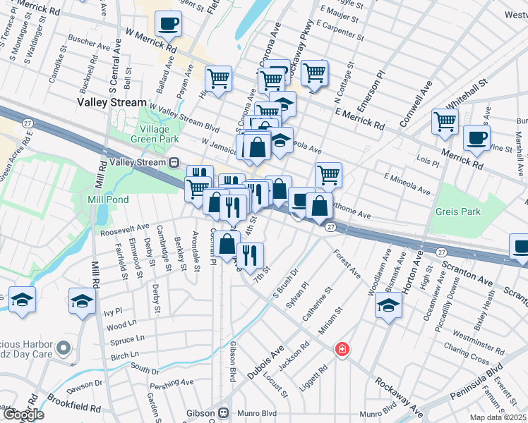 map of restaurants, bars, coffee shops, grocery stores, and more near 20 Brooklyn Avenue in Valley Stream