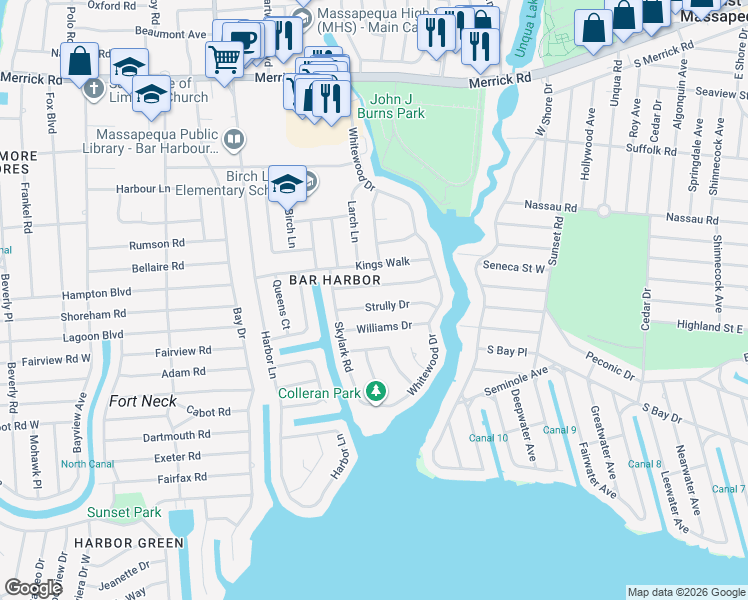 map of restaurants, bars, coffee shops, grocery stores, and more near 15 Strully Drive in Massapequa Park