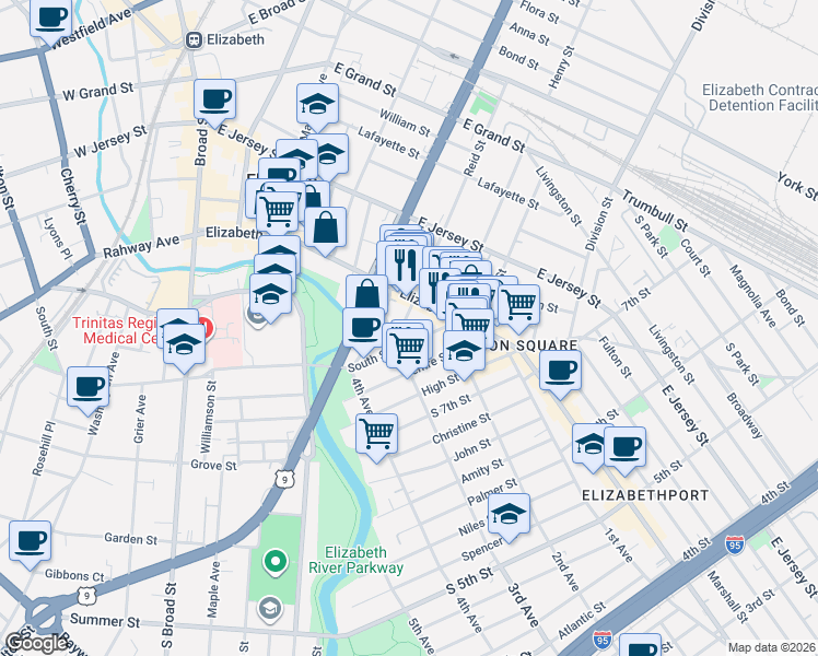 map of restaurants, bars, coffee shops, grocery stores, and more near 231 South Street in Elizabeth