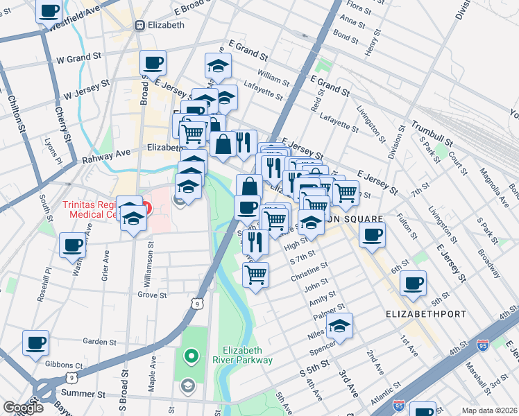 map of restaurants, bars, coffee shops, grocery stores, and more near 310 South Spring Street in Elizabeth