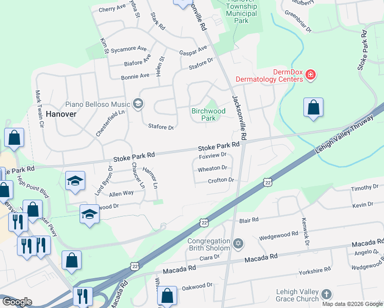 map of restaurants, bars, coffee shops, grocery stores, and more near 1118 Foxview Drive in Bethlehem
