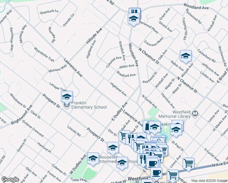 map of restaurants, bars, coffee shops, grocery stores, and more near 547 Highland Avenue in Westfield
