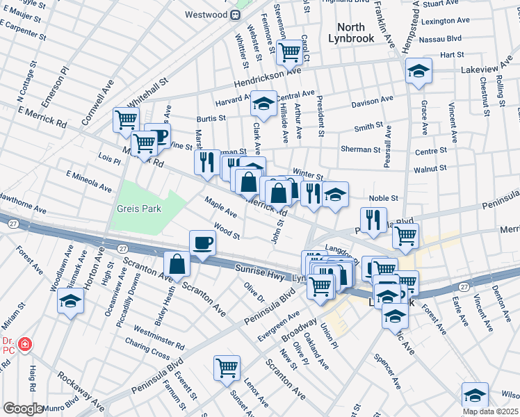 map of restaurants, bars, coffee shops, grocery stores, and more near 504 Merrick Road in Lynbrook