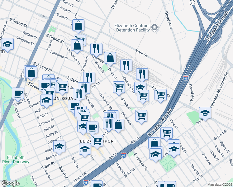 map of restaurants, bars, coffee shops, grocery stores, and more near 602 South Park Street in Elizabeth