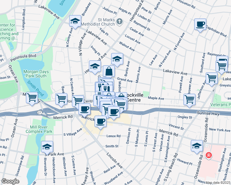 map of restaurants, bars, coffee shops, grocery stores, and more near 23 Maple Avenue in Rockville Centre