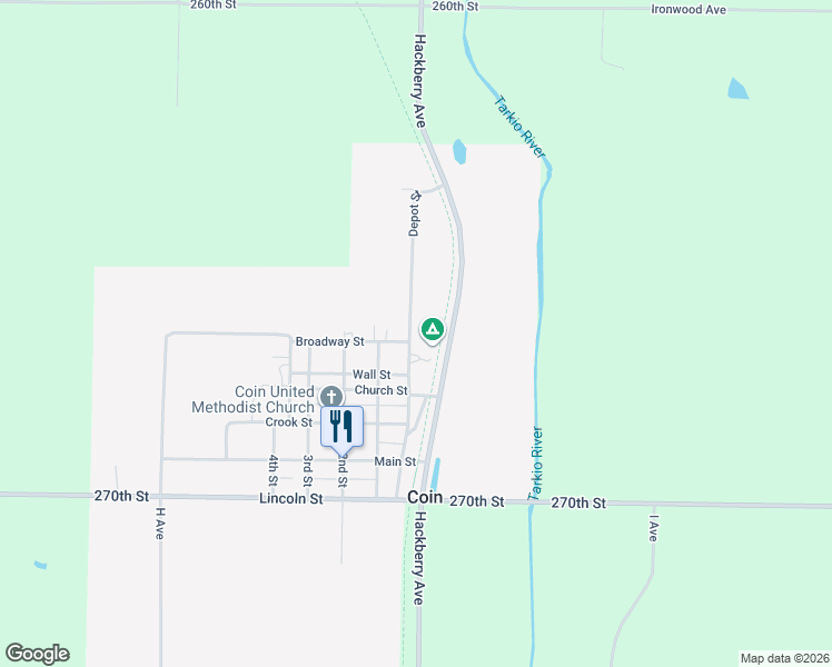 map of restaurants, bars, coffee shops, grocery stores, and more near Depot Street in Coin