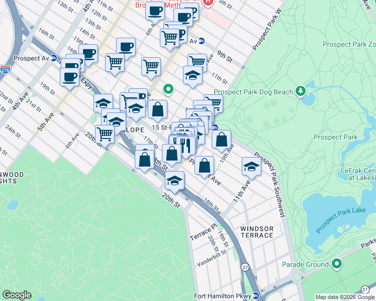 map of restaurants, bars, coffee shops, grocery stores, and more near 256 Prospect Park West in Brooklyn