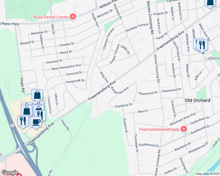map of restaurants, bars, coffee shops, grocery stores, and more near 2791 Kingsview Avenue in Easton