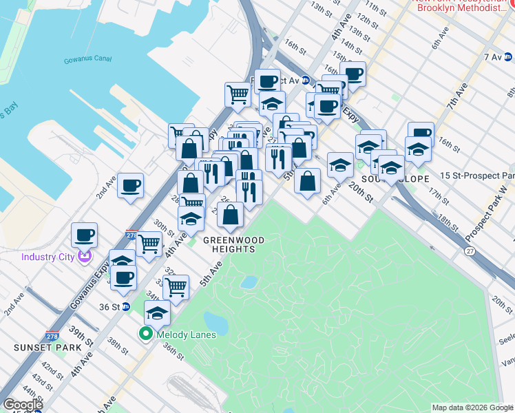 map of restaurants, bars, coffee shops, grocery stores, and more near 500 25th Street in Brooklyn