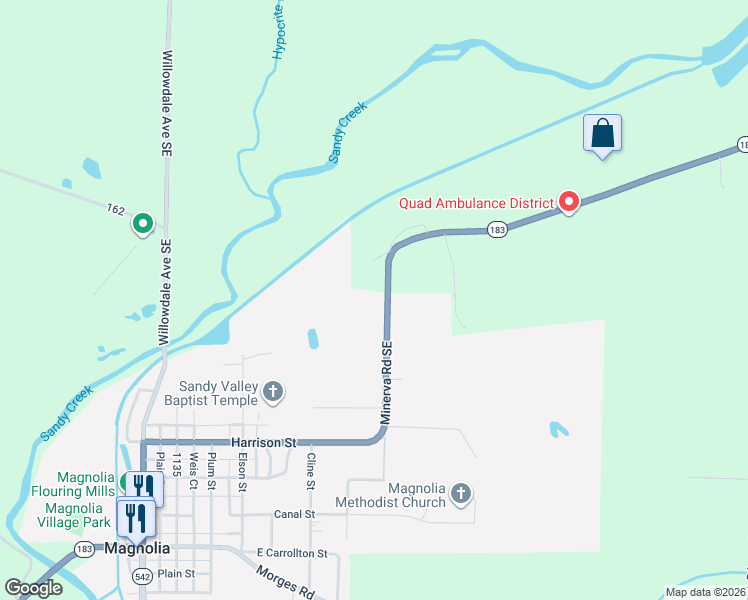 map of restaurants, bars, coffee shops, grocery stores, and more near 865 Minerva Road in Magnolia