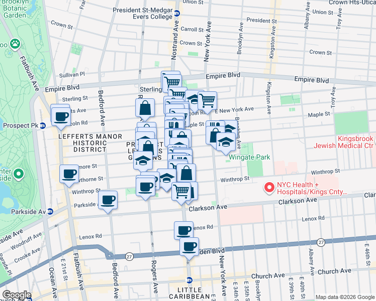map of restaurants, bars, coffee shops, grocery stores, and more near 332 Rutland Road in Brooklyn
