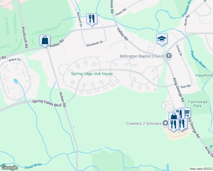 map of restaurants, bars, coffee shops, grocery stores, and more near 255 Potomac Drive in Bernards