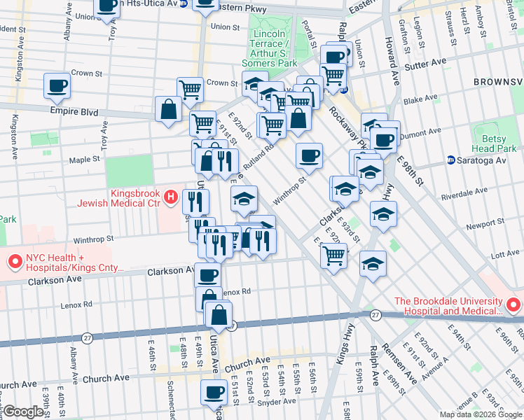 map of restaurants, bars, coffee shops, grocery stores, and more near 12 East 54th Street in Brooklyn