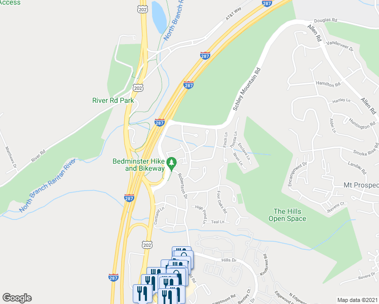 map of restaurants, bars, coffee shops, grocery stores, and more near Long Meadow Road & Birchwood Road in Bedminster Township