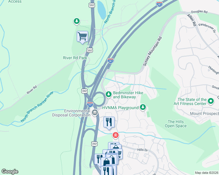 map of restaurants, bars, coffee shops, grocery stores, and more near 11 Birchwood Road in Bedminster