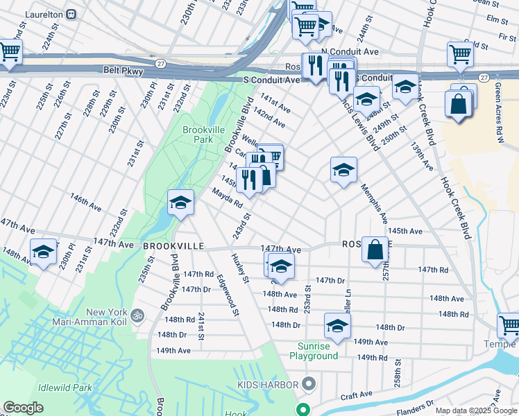 map of restaurants, bars, coffee shops, grocery stores, and more near 24235 Mayda Road in Queens