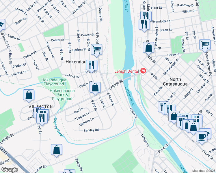 map of restaurants, bars, coffee shops, grocery stores, and more near 3151 Lehigh Street in Hokendauqua