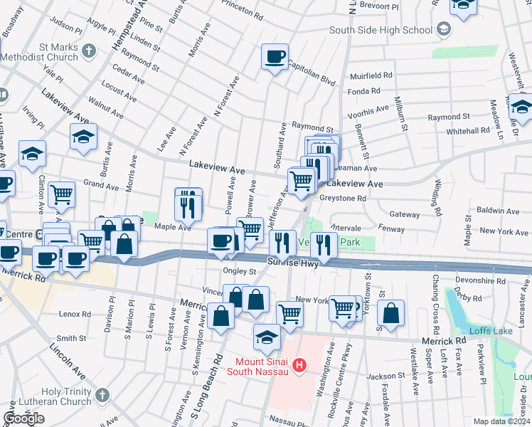 map of restaurants, bars, coffee shops, grocery stores, and more near 24 Jefferson Avenue in Rockville Centre