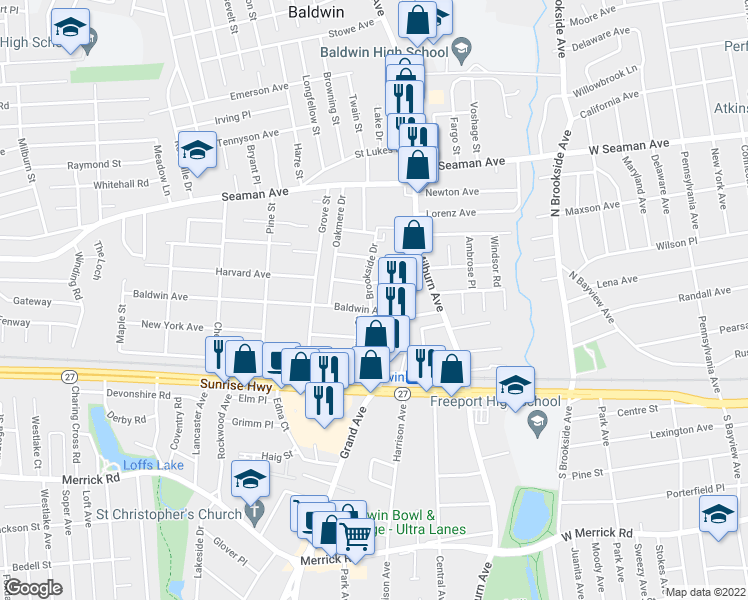 map of restaurants, bars, coffee shops, grocery stores, and more near 725 Baldwin Avenue in Baldwin