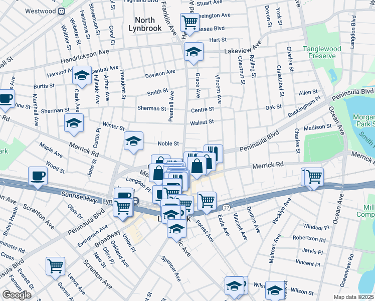 map of restaurants, bars, coffee shops, grocery stores, and more near 60 Hempstead Avenue in Lynbrook