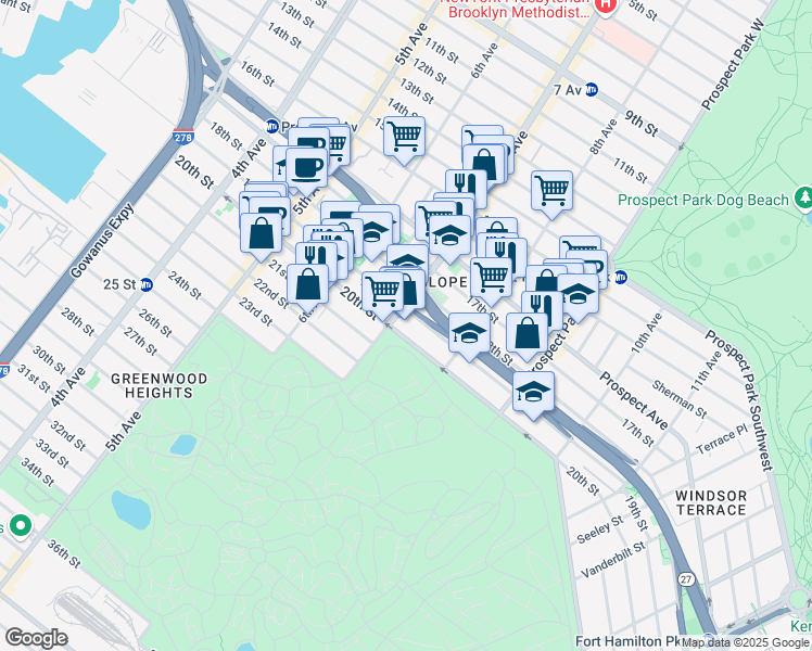 map of restaurants, bars, coffee shops, grocery stores, and more near 399 20th Street in Brooklyn
