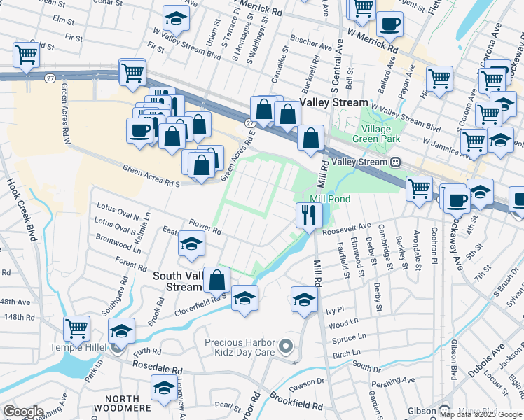 map of restaurants, bars, coffee shops, grocery stores, and more near 1 Firethorne Lane in Valley Stream