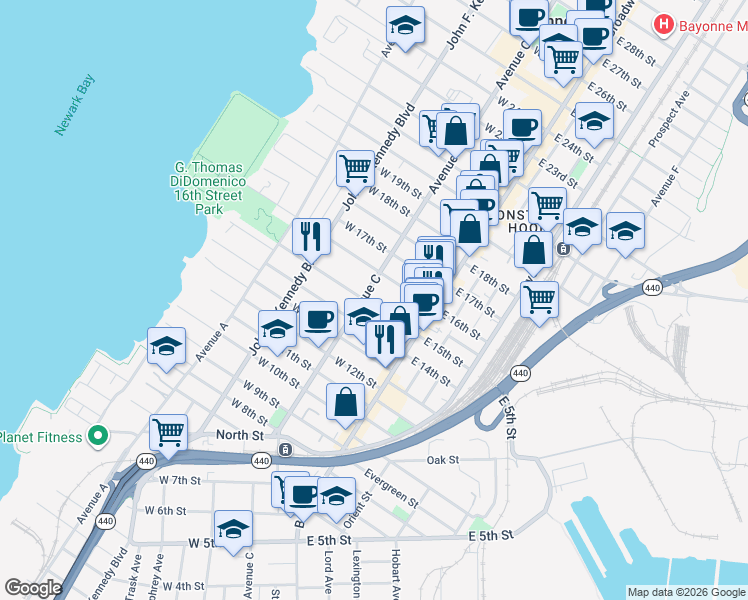 map of restaurants, bars, coffee shops, grocery stores, and more near 348 Avenue C in Bayonne