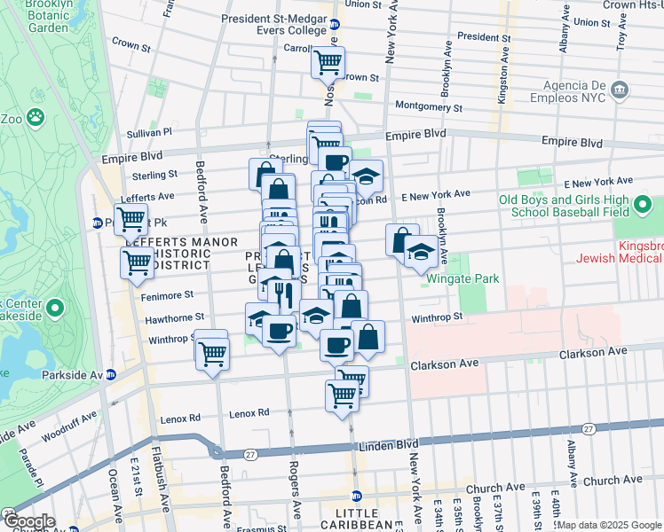 map of restaurants, bars, coffee shops, grocery stores, and more near 1154 Nostrand Avenue in Brooklyn