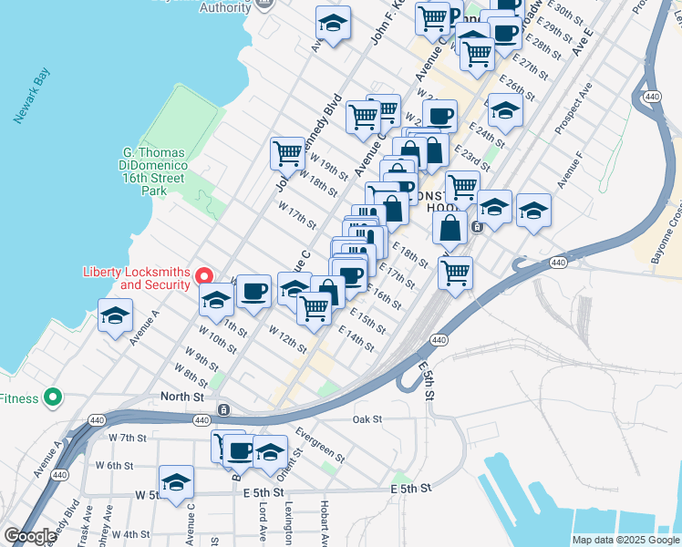 map of restaurants, bars, coffee shops, grocery stores, and more near 355 Broadway in Bayonne