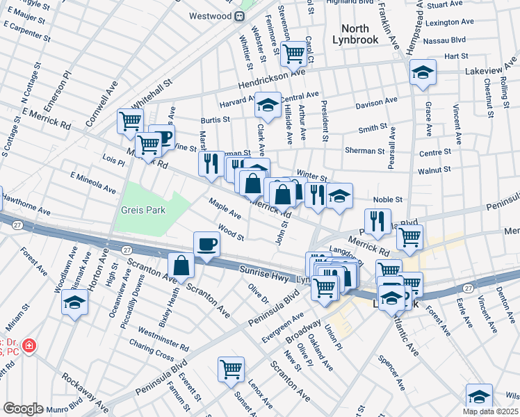 map of restaurants, bars, coffee shops, grocery stores, and more near 504 Merrick Road in Lynbrook