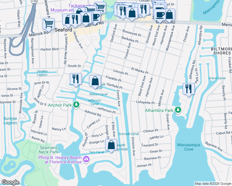 map of restaurants, bars, coffee shops, grocery stores, and more near 155 Forest Avenue in Massapequa