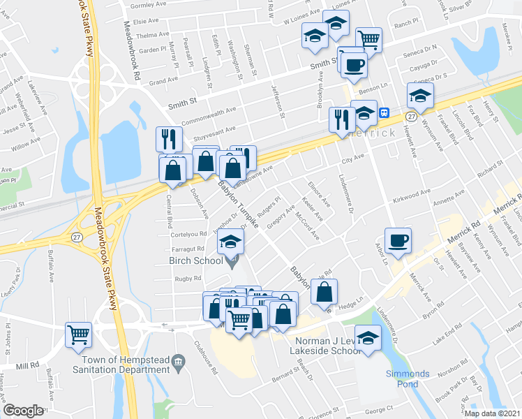map of restaurants, bars, coffee shops, grocery stores, and more near 1759 Rutgers Place in Merrick