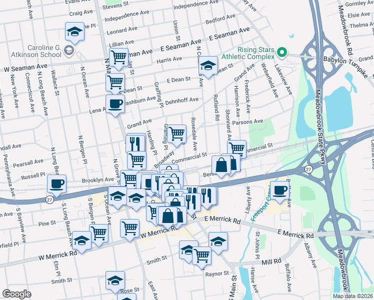 map of restaurants, bars, coffee shops, grocery stores, and more near 75 Commercial Street in Freeport