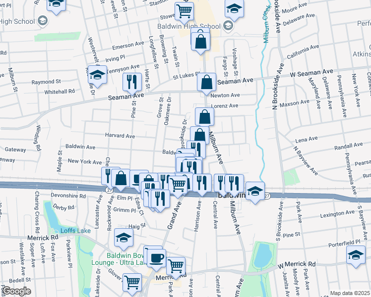 map of restaurants, bars, coffee shops, grocery stores, and more near 725 Baldwin Avenue in Baldwin