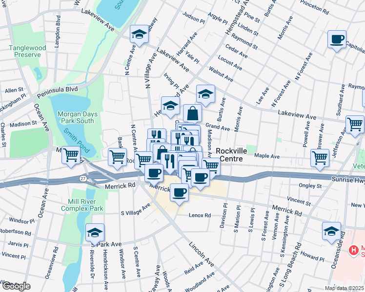 map of restaurants, bars, coffee shops, grocery stores, and more near in Rockville Centre