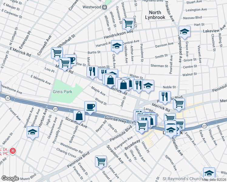 map of restaurants, bars, coffee shops, grocery stores, and more near 504 Merrick Road in Lynbrook