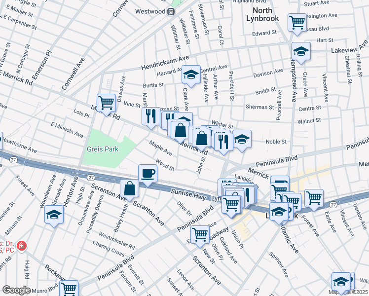 map of restaurants, bars, coffee shops, grocery stores, and more near 504 Merrick Road in Lynbrook