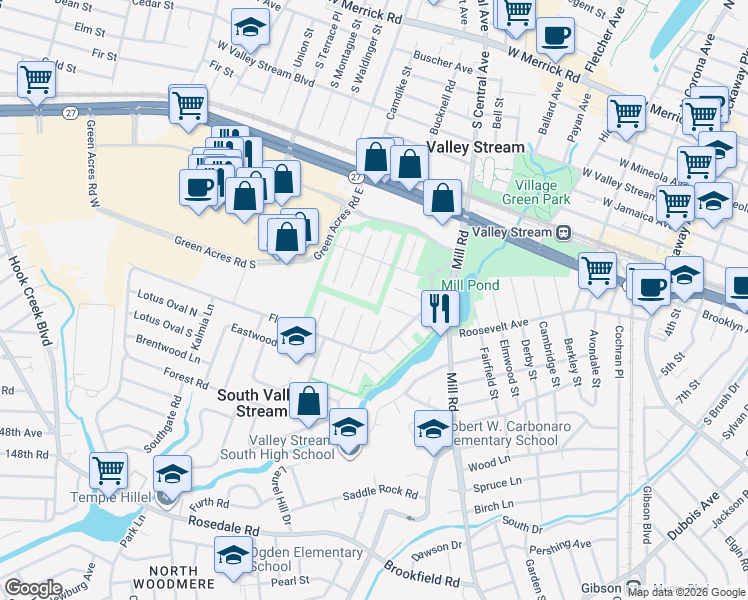map of restaurants, bars, coffee shops, grocery stores, and more near 1 Firethorne Lane in Valley Stream