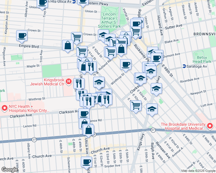 map of restaurants, bars, coffee shops, grocery stores, and more near 12 East 54th Street in Brooklyn