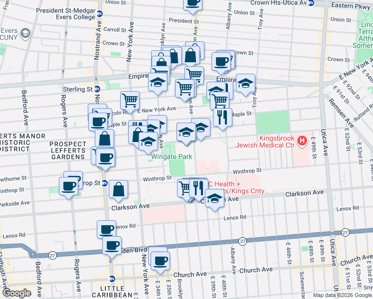 map of restaurants, bars, coffee shops, grocery stores, and more near 599 Kingston Avenue in Brooklyn