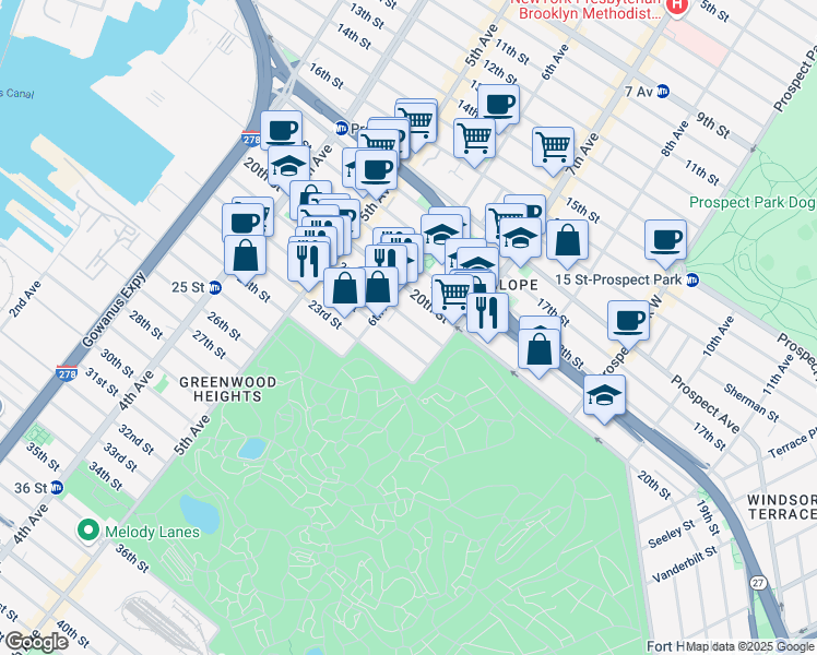 map of restaurants, bars, coffee shops, grocery stores, and more near 329 22nd Street in Brooklyn