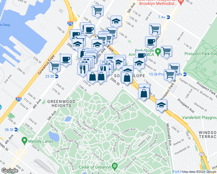 map of restaurants, bars, coffee shops, grocery stores, and more near 329 22nd Street in Brooklyn