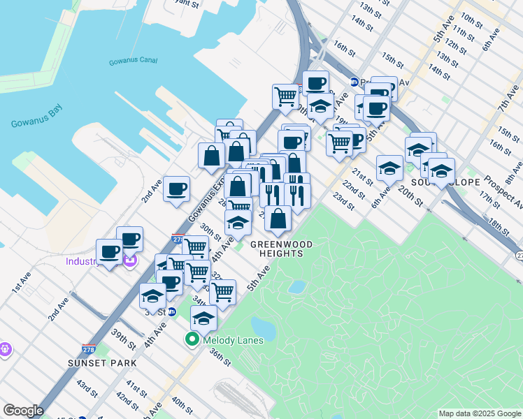 map of restaurants, bars, coffee shops, grocery stores, and more near 219 27th Street in Brooklyn