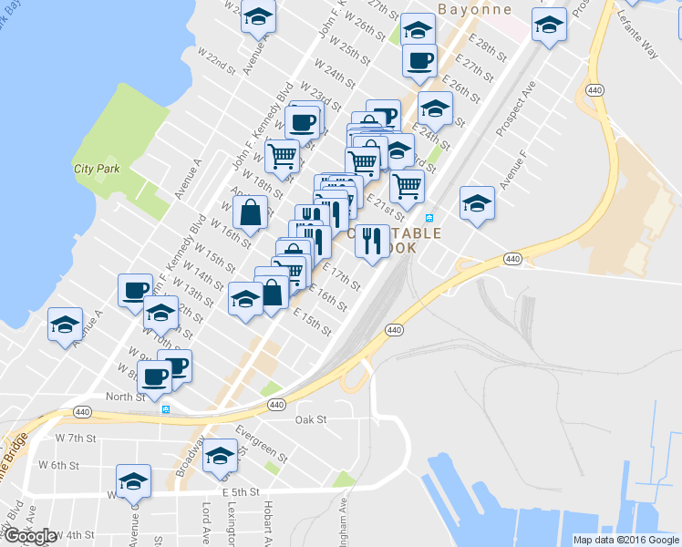 map of restaurants, bars, coffee shops, grocery stores, and more near 14 Court Place in Bayonne