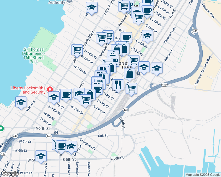 map of restaurants, bars, coffee shops, grocery stores, and more near 14 Court Place in Bayonne