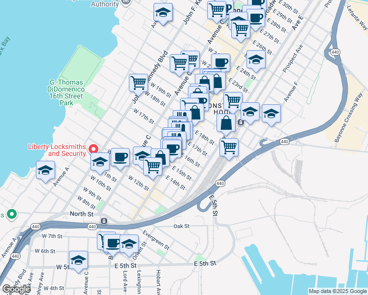 map of restaurants, bars, coffee shops, grocery stores, and more near 355 Broadway in Bayonne