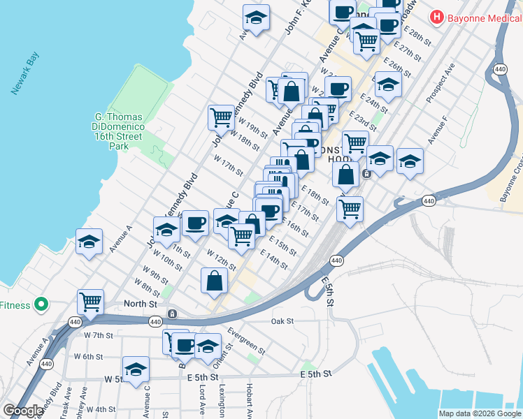 map of restaurants, bars, coffee shops, grocery stores, and more near 27-29 East 15th Street in Bayonne