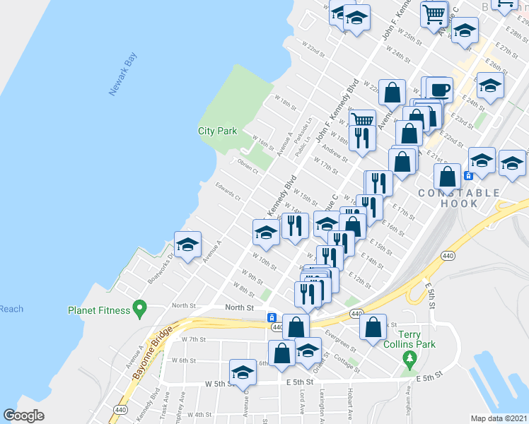map of restaurants, bars, coffee shops, grocery stores, and more near 100 West 13th Street in Bayonne